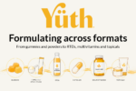 Yüth® nature-identical spermidine powder shown with gummies, capsules and a clear beverage, illustrating the formats a 3mg dose fits