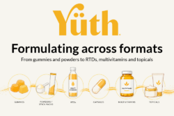 Yüth® nature-identical spermidine powder shown with gummies, capsules and a clear beverage, illustrating the formats a 3mg dose fits