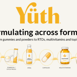Yüth® nature-identical spermidine powder shown with gummies, capsules and a clear beverage, illustrating the formats a 3mg dose fits