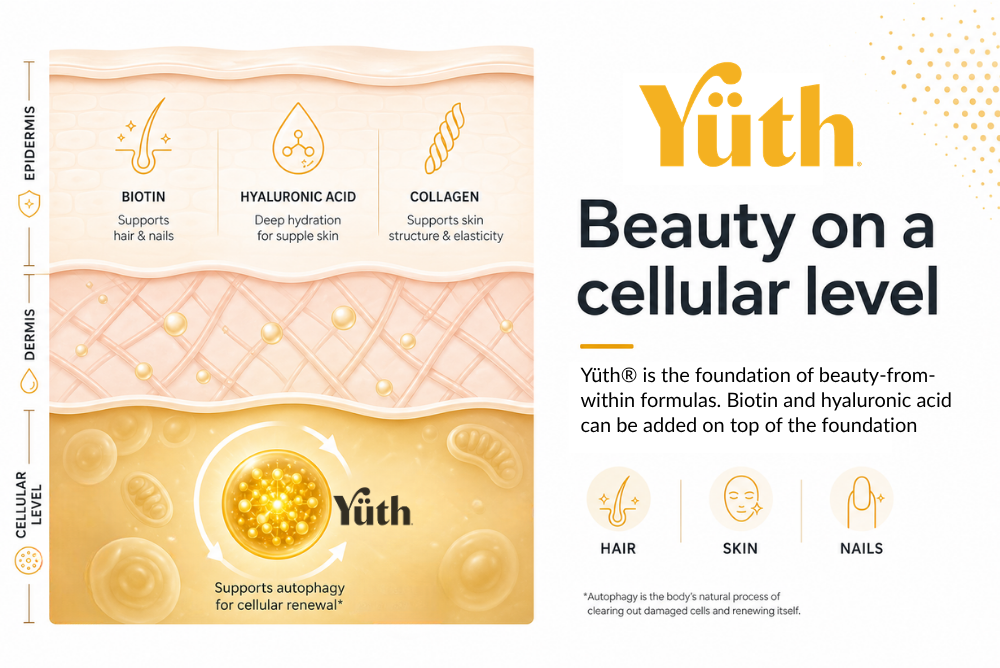 Yüth® spermidine gummies alongside beauty-from-within ingredients, showing the cellular renewal layer beneath biotin and hyaluronic acid