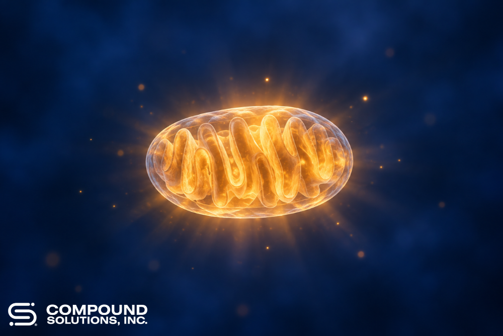 Glowing mitochondrion illustration radiating warm amber light, representing acetate as a fuel for cellular energy